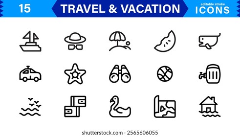 Minimal Travel and Vacation Icons Pack, Modern, Perfect for Airlines, Maps, Adventure, Tourism, Holidays, and Websites