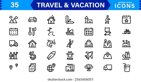 Minimal Travel and Vacation Icons Pack, Modern, Perfect for Airlines, Maps, Adventure, Tourism, Holidays, and Websites