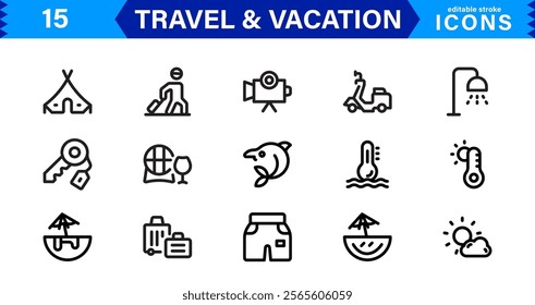 Minimal Travel and Vacation Icons Pack, Modern, Perfect for Airlines, Maps, Adventure, Tourism, Holidays, and Websites