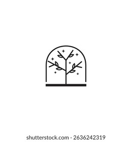 Minimal tree branch logo behind arched window