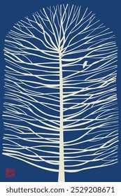 Árbol mínimo con el patrón de las ramas, ilustración solitaria y tranquila en azul índigo, fondo de la naturaleza bueno para el cartel, papel de regalo, estacionario, textil, toalla, ropa de cama