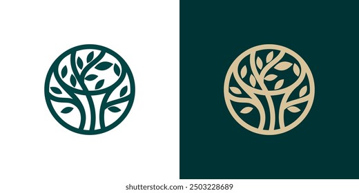 Minimal Tree in the circle icon logo vector. Tree branch plant abstract leaves