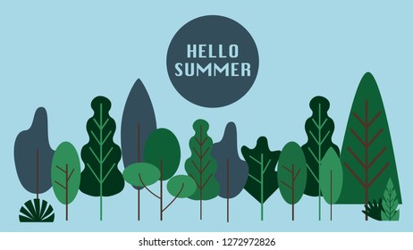 Minimal tree in many shape in cool colour with small text hello summer on the light blue background