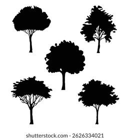 Minimal Tree Silhouettes Vector Set, Isolated Black Tree Shapes.