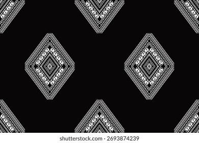 Minimales geometrisches Stammesmuster in schwarz-weißen Tönen. Ein sauberes, modernes ethnisches Design mit eleganter Symmetrie, perfekt für Textilien, Modedrucke, Wohnkultur, Verpackung und einen stilvollen digitalen Hintergrund
