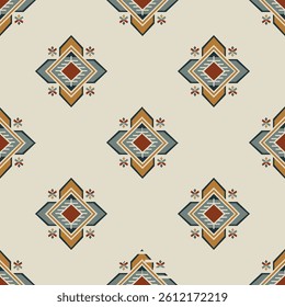 Minimal tribal repeat pattern with ochre and teal accents on a cream backdrop. Clean geometric design with a subtle ethnic touch, ideal for modern textiles, boho decor, or digital designs.