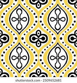 Minimal tribal seamless pattern in Yellow. Ethnic fabric carpet ornament native boho textile. Geometric oriental traditional vector illustrations. Embroidery style.