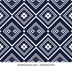Patrón geométrico minimalista de inspiración tribal en azul marino y blanco, ideal para el diseño de moda y estampados de tela digital. Sin costuras y audaz para aplicaciones textiles modernas.