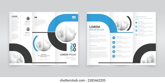 Minimal Trifold Brochure Template With Blue And Black Circular And Horizontal Stripes, Trifold Flyer Layout, Pamphlet, Leaflet