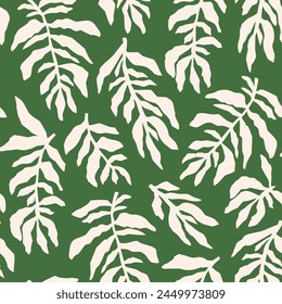 Mínimo trópico deja patrón sin fisuras. Follaje tropical geométrico estilizado verde. Abstractas fondo de repetición floral con hojas dibujadas a mano en estilo minimalista. Estampado de Vector de verano, diseño textil.