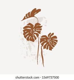 Minimal tropical art concept. Monstera flat lay with rough grunge brushstroke. Tropical leaves vector design. Hand drawn line art botany illustration