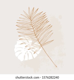 Minimal tropical art concept. Monstera and palm leaves flat lay with rough grunge brushstroke. Tropical leaves vector design. Hand drawn line art botany illustration in pastel colors