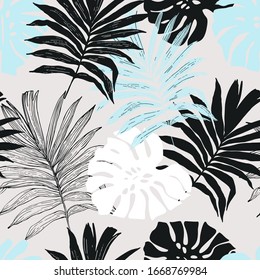 Minimal tropical art seamless pattern. Monstera and palm leaves silhouettes, line art background. Tropical leaves vector design. Hand drawn botany illustration in pastel colors