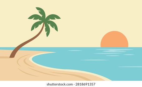 Minimal tropical beach vector featuring a curved sandy shoreline, calm blue sea, setting sun, and leaning palm tree, ideal for travel posters, summer backgrounds, vacation graphics, web banners, and coastal branding.