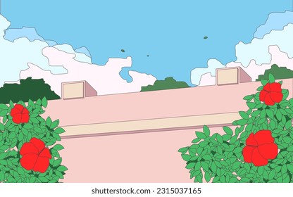 Minimal tropical flowers and sky with cloud behind yellow wall, background - art illustration, flat clean line style, retro - vintage nostalgic background template
