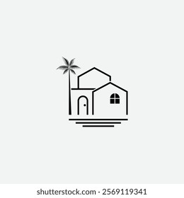 Minimal tropical house outline logo design concept. Vector illustration
