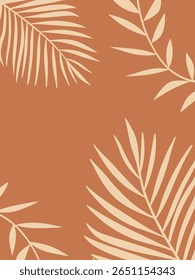 Mínima ilustração de folha tropical no fundo de terracota perfeito para embalagem de cosméticos naturais e design de marca ecológica