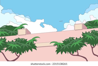 Mínimo de palmas tropicales y cielo con nubes detrás de la pared amarilla, fondo - ilustración de arte, estilo de línea limpia plana, retro - plantilla de fondo nostálgico vintage