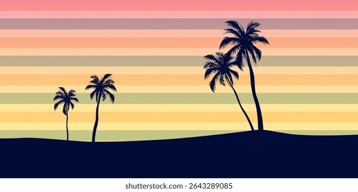 Minimal tropical sunset landscape with palm tree silhouettes on hill, retro pastel rainbow stripe sky background, summer beach scenery vector, colorful paradise design for vacation and travel theme. 