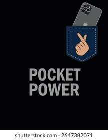 Design de camiseta mínimo mostrando um estalo de mão e um iPhone em um bolso jeans com o texto "POCKET POWER". Um símbolo moderno de conveniência tecnológica e acesso instantâneo à energia.

