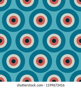 Minimal turkish eye vector pattern with round nazar elements, seamless repeat. Trendy flat style. Great for apparel &  packaging design, different backgrounds & surfaces, paper products etc.