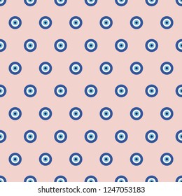 Minimal turkish eye vector pattern with round nazar elements, seamless repeat. Trendy flat style. Great for apparel &  packaging design, different backgrounds & surfaces, paper products, souvenirs etc