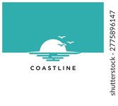 Minimal turquoise coastline logo featuring a stylized sun setting over calm water with bird silhouettes and reflected waves. Ideal for travel, beach, resort and marine branding.