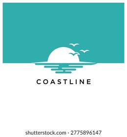 Minimal turquoise coastline logo featuring a stylized sun setting over calm water with bird silhouettes and reflected waves. Ideal for travel, beach, resort and marine branding.