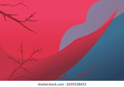 Cena de crepúsculo mínima com fluindo gradientes vermelhos e azuis, galhos de árvores silhuetadas e colinas abstratas suaves, ideais para fundos, cartazes e desenhos atmosféricos.