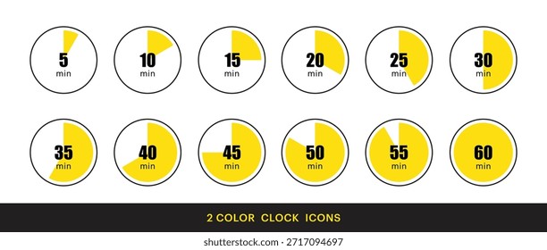 Conjunto de iconos de reloj de dos colores mínimo que muestra el progreso del tiempo de 5 a 60 minutos. Ideal para UI, App, infografías, presentaciones y diseños de productividad