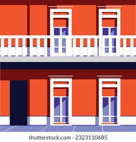 Casa mínima de dos plantas con balcón, ilustración vectorial plana con sombras 