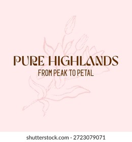 Minimal typographic illustration featuring the text “Pure Highlands” with the tagline “From peak to petal” combined with subtle abstract floral line art. Soft pastel tones and clean composition create a natural, elegant, and premium aesthetic suitable for branding, packaging design, posters, wall art, lifestyle products, and editorial graphics.