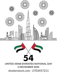 Minimal UAE skyline stroke icon featuring Burj Khalifa, crossed flags, and fireworks, designed in a clean mono-line outline style for cultural themes.