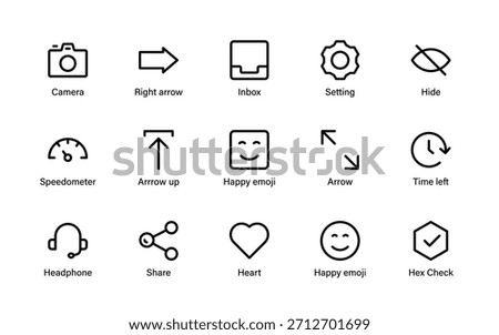 Minimal UI design icons collection. Action controls, media tools, navigation features, and intuitive interface symbols