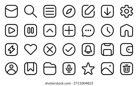 Paquete de iconos de línea de interfaz de usuario mínima: iconos de vectores de contorno modernos para App móvil, interfaz de Web, panel de control, navegación, Configuraciones, Búsqueda, controles de medios, hogar, notificación, usuario y diseño de trazo editable