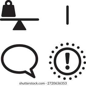 Conjunto de iconos de símbolos de interfaz de usuario mínimo que incluye escala de saldo, alerta de notificación, burbuja de chat y signo de advertencia. Adecuado para la interfaz de usuario, el diseño App y los conceptos de navegación por Web.