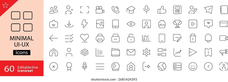 Minimal UI-UX icons set. Includes symbols of interface, app design, web elements, buttons, navigation, wireframe, and digital tools. Editable stroke. Vector illustration. Outline icons.
