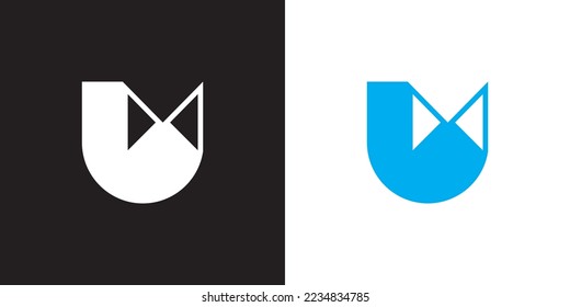 Minimal UM logo. Icon of a MU letter on a luxury background. Logo idea based on the UM monogram initials. Professional variety letter symbol and MU logo on black and blue background.