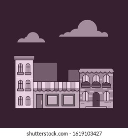 minimal urban Сityscape illustration of Historical buildings in flat style. Small city center drawn in cartoon way in front view. Downtown on purple background, Concept of tourism in Europa