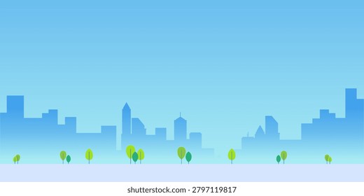 Minimal urban skyline with small trees and open park area. City landscape background representing urban nature, green environment, outdoor recreation and peaceful metropolitan scenery