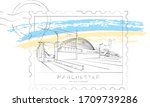 Minimal urban stamp, vector illustration and typography design, Manchester, England, UK