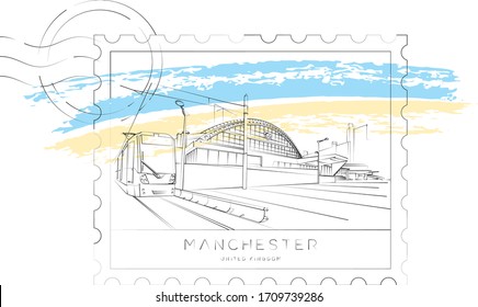 Minimal urban stamp, vector illustration and typography design, Manchester, England, UK