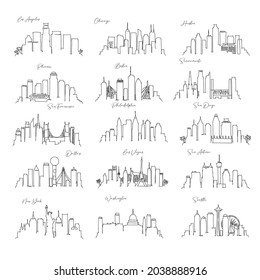 Minimal USA Cities Linear Skyline with Typographic Design. New York. Los Angeles. Boston. Chicago. Sacramento. Philadelphia. San Antonio. Las Vegas. Phoenix. Houston. San Francisco. San Diego. Dallas