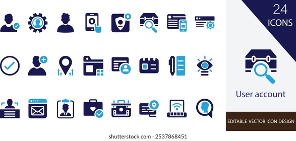 Conjunto de iconos de Vector editable de Cuenta de usuario. con Configuraciones, credenciales, Borrar, registro, seguridad, biometría, 
