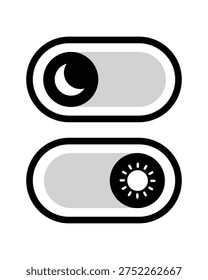 Minimal user interface icon showing dark mode and light mode toggle switches with moon and sun symbols. Commonly used in apps, software, and websites to switch between night theme and daylight display mode.