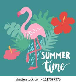 Minimal vacation trendy vector illustration art in scandinavian style. Flamingo, exotic palm leaf, hibiscus flower and dots. Handwrittern lettering phrase Summer time