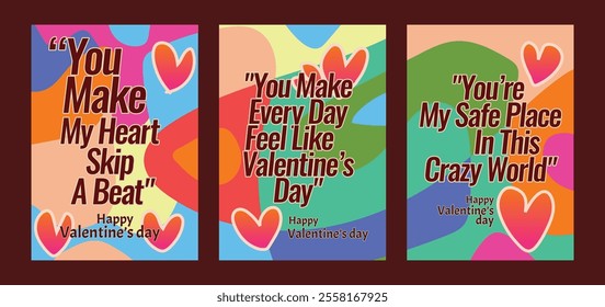 Minimal Valentine Card Pack with Stylish Red Heart Motifs. A set of Valentine’s Day greeting card with sample text, red hearts and abstract backgrounds templates vector illustration. 