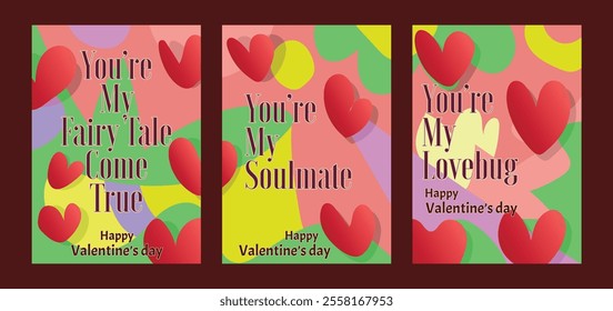 Minimal Valentine Cards Featuring Trendy Pastel Backgrounds. A set of Valentine’s Day greeting card with sample text, red hearts and abstract backgrounds templates vector illustration. 