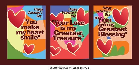 Minimal Valentine Greeting Cards with Soft Romantic Tones. A set of Valentine’s Day greeting card with sample text, red hearts and abstract backgrounds templates vector illustration. 