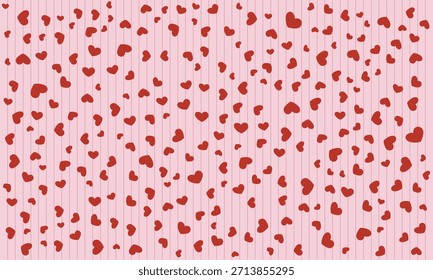 Padrão de linha de Valentine mínimo com pinstripes vertical com ícones de coração delicados colocados em intervalos regulares. Estilo moderno limpo, fundo rosa suave, linha de trabalho vermelha fina
